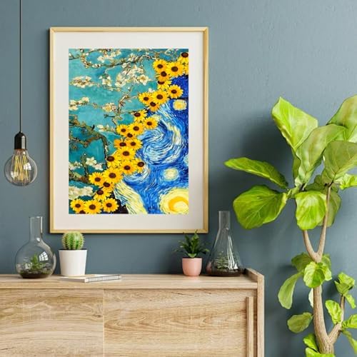 VeGuude Diamond Art Kits for Adults, Van Gogh Starry Night Sunflower Almond Blossom Combination Art, DIY 5D Round Full Drill Diamond Art for Beginner, Home Wall Decor Gift 12x16inch