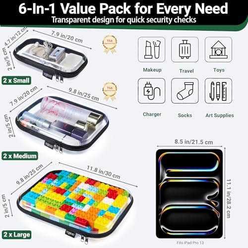 YQBRAO Clear Hard Shell Zipper Cases, 6 Multi-Size Organizers, Black