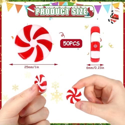 JUNEBRUSHS 1 Inch Candy Cane Christmas Decorations, 50 Pcs Plastic Fake Peppermint Candy Ornaments Red And White For Xmas Holiday Decor Party Favors Crafts