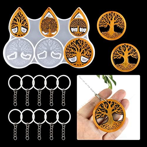 Keychain Resin Mold, Tree of Life Keychain Silicone Molds, Epoxy Resin Casting Molds Keychain Pendant Mould with Hole with 10 Pieces Key Rings for DIY Crafts Jewelry Making