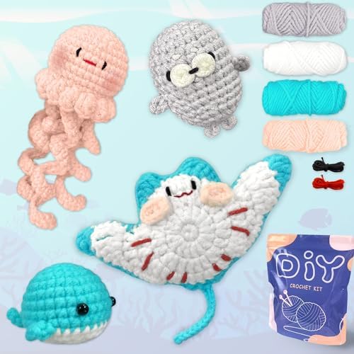 YAMAXIN Crochet Kit for Beginners – Ocean Animal Amigurumi DIY Yarn Kit with Step-by-Step Instructions, Tools & Soft Yarn – 4 Pack Crochet Kit Gift for Adults