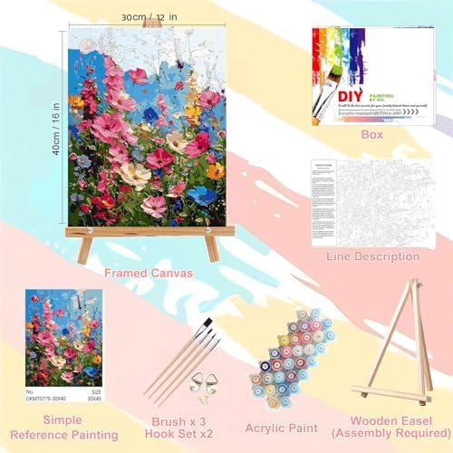 Flower Paint by Numbers for Adults with Framed Canvas - with Wooden Easel