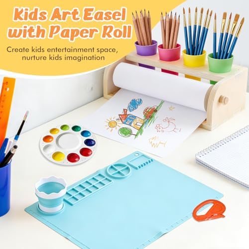 Kids Art Easel with Paper Roll Wooden Tabletop Paper Roll Dispenser