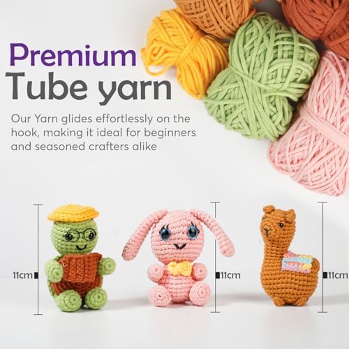A-URA 3-in-1 Learn to Crochet Kit for Beginners Kids and Adults, Premium Pattern Sunflower, Panda Cactus, Hanging Pot Plant Beginner Crochet Kits with Easy Tube Yarn (3, Animal Pattern)