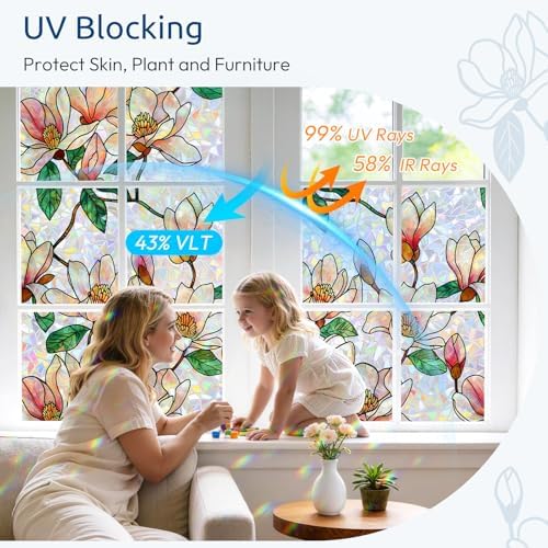 rabbitgoo Window Privacy Film Rainbow, Floral Magnolia, 23.6" x 78.7"