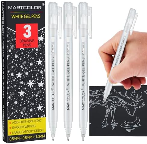 MARTCOLOR White Gel Pens, 3 Pack, 0.5mm, 0.8mm, 1.0mm White Gel Ink Pens