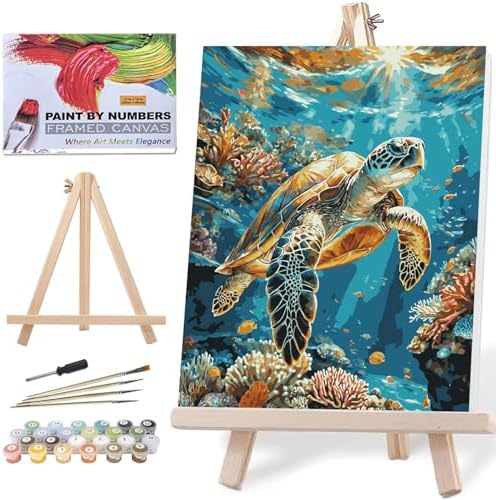 Lovepefe Sea Turtle Paint by Numbers Kit for Adults with Framed Oil Painting Kit Beginner Turtle DIY Painting Kits for Adults Paint By Number On Canvas for Gift Home Wall Decor 12x16 Inch