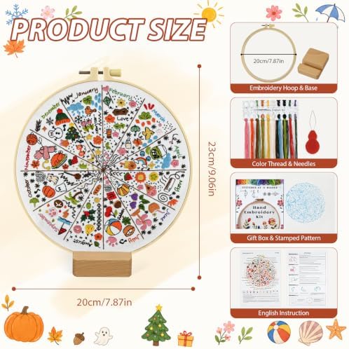 A Year of Doodles Embroidery Kit for Beginners Adults, 12-Month Seasonal Icon Wheel Easy Cross Stitch Kit Easy All-Year Round Embroidery Starter Kits with Wooden Hoop Needles Threads and Instruction