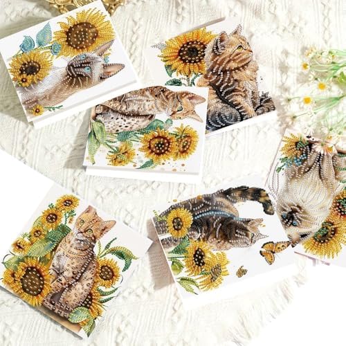 AiYuanzsh 6-Pack 5D Diamond Painting Greeting Cards with Envelopes, Cat Sunflower Pattern DIY Crystal Rhinestone Diamond Art Cards, Laser Effect Postcards for Birthday, Thank You, and Gift Giving
