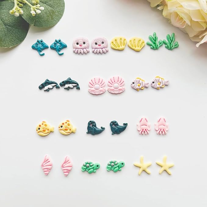 Under The Sea Polymer Clay Cutters Set - 13pcs Ocean Life Shapes Including Seal, Turtle, Jellyfish, Starfish, Dolphin & Shells for DIY Earring Jewelry, Soft Clay Crafts & Scrapbooking