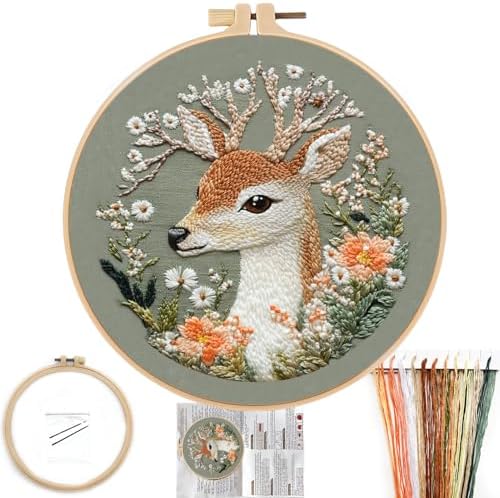 FONNUY Printed Deer and Floral Embroidery Kit with Hoop, Cross Stitch Kits for Beginners, Handmade Crafts, Easy to Follow Color Thread Needlework, 8'' Hoop (Floral Whispers Deer Listening)