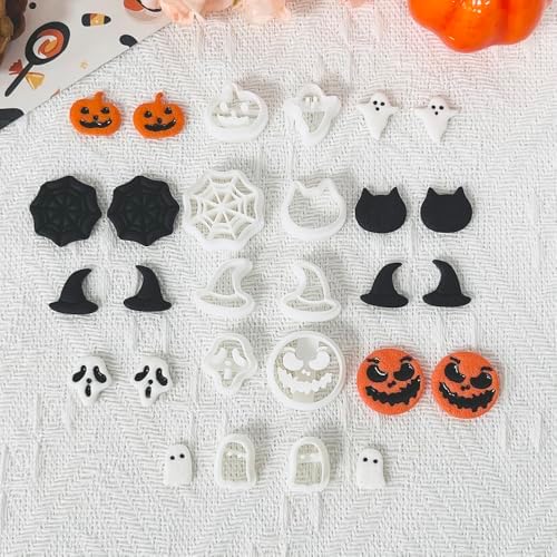 Xaekicr 10PCS Halloween Polymer Clay Cutters Set - Pumpkin Ghost Witch Hat Spider Web Shapes for DIY Earrings - Clay Cutters Clay Earring Cutters Clay Tools