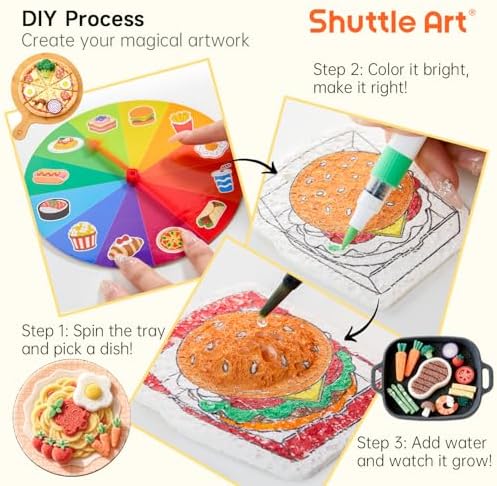 Shuttle Art 104 Pcs Magic Foam Texture Painting Kit Food Series: 34 Food Foam Pieces, Paper Plates, Forks & Knives, 12 Acrylic Paint Markers, Magical 3D Effect DIY Art Craft for Kids Ages 3-12