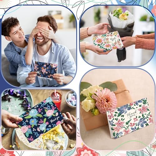 Saillong 12 Pack Thank You Diamond Painting Greeting Card Kit DIY Flower Thanks Diamond Art Cards with Envelope 5D Rhinestones Painting Making Kit for Adults Beginner DIY Crafts Thanksgiving Gifts