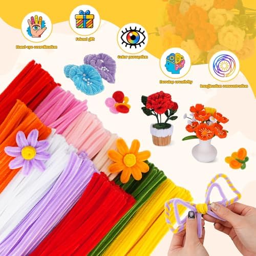 1000PCS Pipe Cleaners Flower Kit, Pipe Cleaner Bulk Craft Flower Making Kit with Instruction, 8 Colors Thick Chenille Stems for Arts DIY Craft Supplies with Greeting Card, Floral Wires, Tape, Stamen