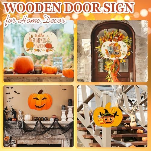 Large Size 12" Wooden Pumpkins Ornaments to Paint, Halloween Thanksgiving DIY Blank Unfinished Wreaths Front Door Sign Decorations Pumpkin Ornament Door Hanging Sign Plaque Autumn Harvest Crafts 3PCS