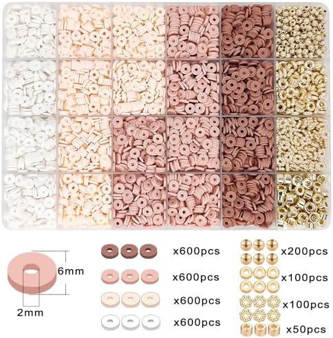 MIIIM Neutral Clay Bead Bracelet Kit, Heishi, Flat Clay and Gold Spacer Beads for Jewelry Making, Friendship Bracelet Kit for Crafts, Concerts, Raves, Gifts (Rose Smoke)