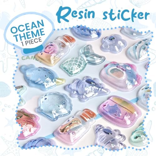Cute Stickers Blue Ocean Theme Puff Stickers with Glitter Kawaii, Jellyfish, Conch, Shell, Small Fish 3D Puffy for Scrapbooks Planner Journals Laptops Phone Case Decoration Laptops Phone Case DIY