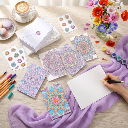 Gueevin 24 Pcs Mandala Coloring Greeting Cards with Envelopes and Stickers Floral Color Your Own Postcards 4 x 6 Flower Thank You Note Cards for Adults Wedding Birthday Gifting DIY Crafts Mailing