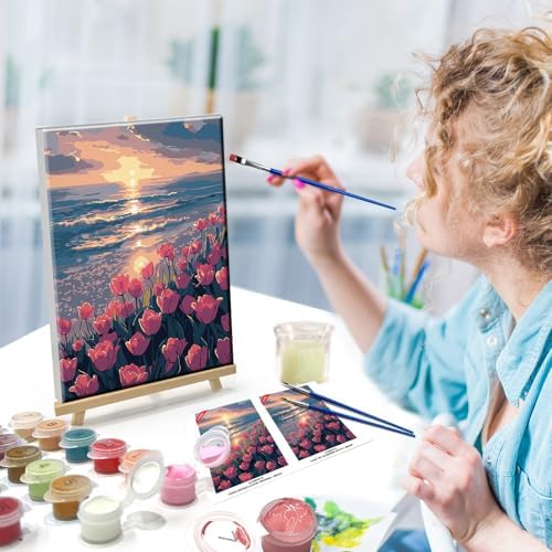 ATDMS Paint by Numbers Kit for Adults with Easel DIY Tulips Adult Paint by Number Kits on Canvas Framed Oil Painting Kits for Wall Hanging Home Room Decor 7.87x11.81 Inch
