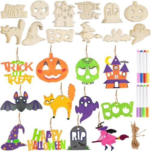 JOYIN 36 Pcs Halloween Craft Wooden Painting Kit, Halloween Party Supplies, Party Favors for Kids, Wood Blank Cutouts Ornaments, Gift Tags Decor for School Art DIY Activities Goodies Games(Age 8+)