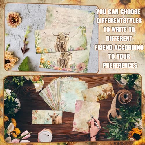 TaoBary 160 Pcs Floral Highland Cow Stationery Paper and Envelopes Set