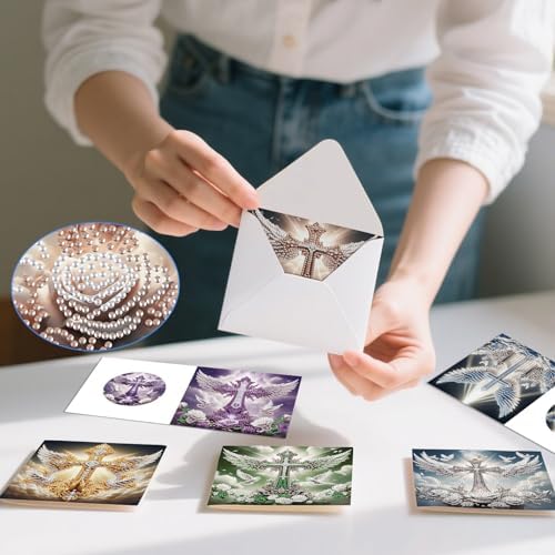 6 Pack Diamond Painting Greeting Cards with Envelopes, DIY 5D Diamond Art Card Kit Winged Cross Designs, 30x15cm Handmade Religious Cards Crafts for Spiritual Blessings and Faithful Greetings