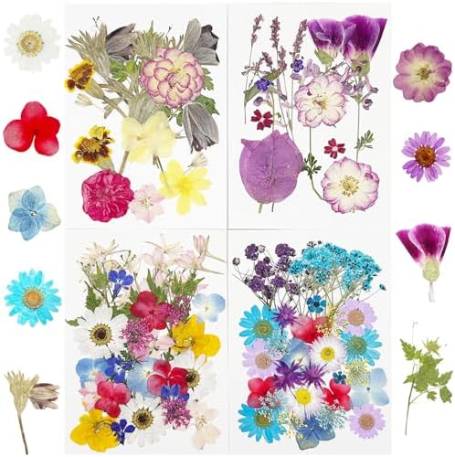Cayway 4 Pack Pressed Flowers Natural Dried Flowers Colorful Resin Flowers Real Pressed Flowers for Resin Scrapbook DIY Art Crafts, Epoxy Resin Jewelry, Card Making Supplies, Style H