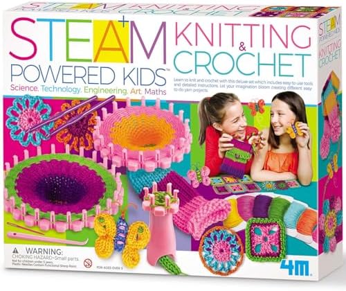 4M Knitting & Crochet Kit for Kids Ages 8-12 – Learn to Knit with French Knitting Reel, Crochet Hooks, Yarn, Scarf & Handbag Projects, Beginner Craft Set for Girls and Boys, STEM Arts & Crafts Gift