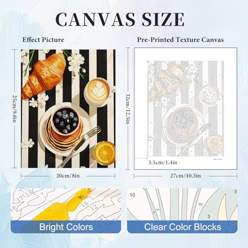 6 Pack Paint by Numbers Kit for Adults, Breakfast Painting, 8x10 Inch | DIY Adult Paint by Number Kits on Canvas for Beginners, without Frame, Kitchen Wall Decor, Stress Relief Craft Gift