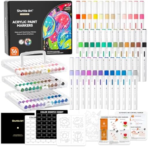 Shuttle Art Automatic Ink Control Acrylic Paint Markers, 36 Colors Brush Tip Acrylic Paint Pens for Rock Painting, Ceramic, Wood, Canvas, Glass, Stone, Fabric, Card, DIY Football Crafts