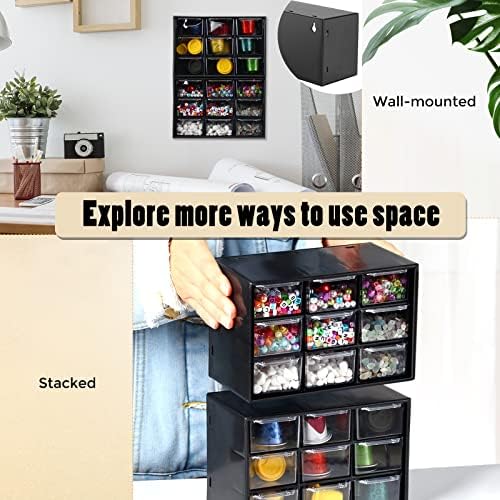 Marsui 4 Pack Desktop Storage Organizer with 9 Drawers Craft Organizer with Mini Drawers Plastic Organizers and Storage Containers for Craft Art Jewelry Cosmetics Sewing Supplies Accessory(Black)