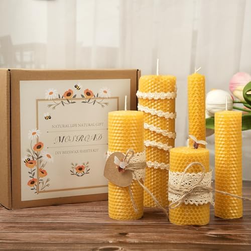 Beeswax Sheets for Candle Making, 30Pcs DIY Beeswax Candles Rolling Kit for Kids & Adults, Natural Honeycomb Sheets (8 x 8 Inch) with Cotton Wick, Bee Ornaments, Lace Ribbon and Hemp Rope