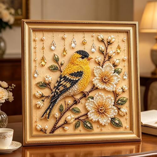 Pearl Art Kits for Adults Bird Flower DIY Beaded Embroidery Kits with Crystal Rhinestones Pearl Painting Craft Kit with Pre-Printed Canvas Handmade Home Wall Decor Gift (Yellow Bird)