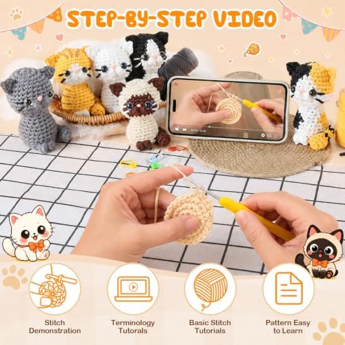 AUGVO Crochet Kit for Beginners, 6 Cats Step by Step Video Tutorials