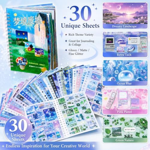 30 Sheets Dreamcore Japanese Sticker Book,Retro Sticker Book,Nature Sceneery Scrapbook Stickers for Journaling,DIY Crafts Decoration