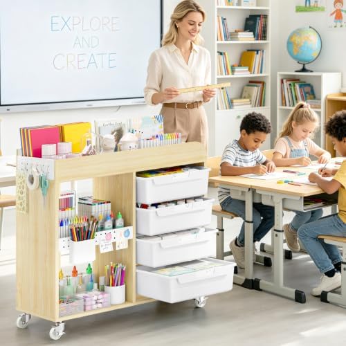 SYKIARIOL Craft Organizers and Art Supply Storage, Art Cart, Classic White | Rolling Cart with 4 Drawers & Metal Pegboard, Cute Macaron Color Magnets for Craft Room, Office, Classroom