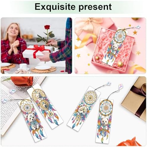 4 Pcs Diamond Painting Bookmarks, White Bear and Lion Dreamcatcher DIY Diamond Art Kits for Adults, Rhinestone Drill Crafts Bookmarks with Tassel for Graduation Birthday Gifts