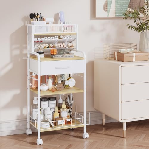 Homsorout Art cart, 3 Tier Rolling Cart - Utility Cart with Storage Drawer and Wheels, Versatile Art & Craft Organizer for Home, Office, or Studio Ideal for Storing Brushes, Paints （ White）