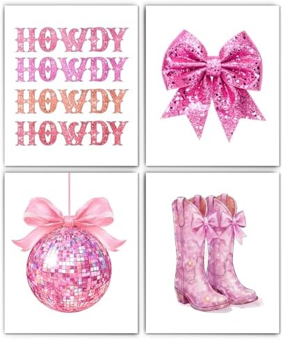 XUNLURY Trendy Western Cowgirl Diamond Art Kits 4 Pcs, Funky Glitter Pink Bow Disco Ball Diamond Painting Kits for Adults Girls Beginners, Full Drill Diamonds Dots for Home Decor, 9.8x11.8 Inch