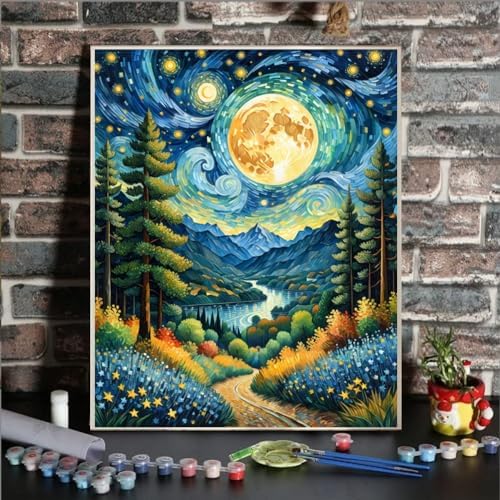 ldazao Moon Framed Paint by Numbers Kit for Adults Beginner Forest Adult Paint by Number Artist Kits with Frame for Gift Home Wall Decor 9.5x12 Inch