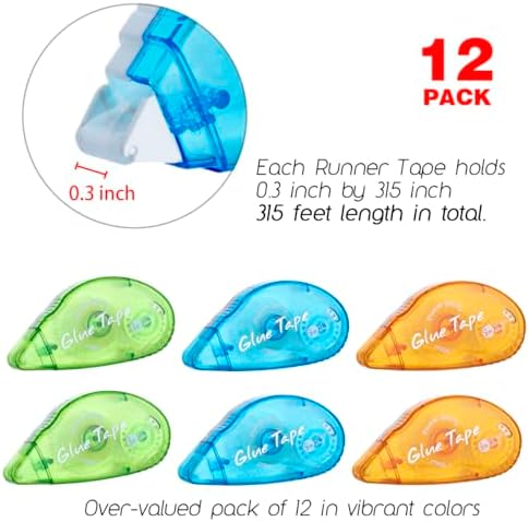 XUXU 12 Pack Double Sided Tape Roller Scrapbook Tape | Permanent Adhesive Tape Dispenser Runner for Crafts and Arts Projects Photo-Safe