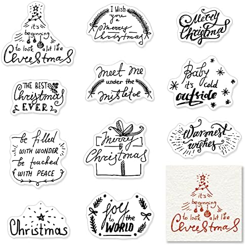 11 PCS Christmas Greeting Words Clear Stamps for Card Making and Photo Album Decorations, Christmas Tree Snowflake Rubber Stamps Gift Box Transparent Silicone Stamp Seal for Christmas DIY Scrapbooking Supplies