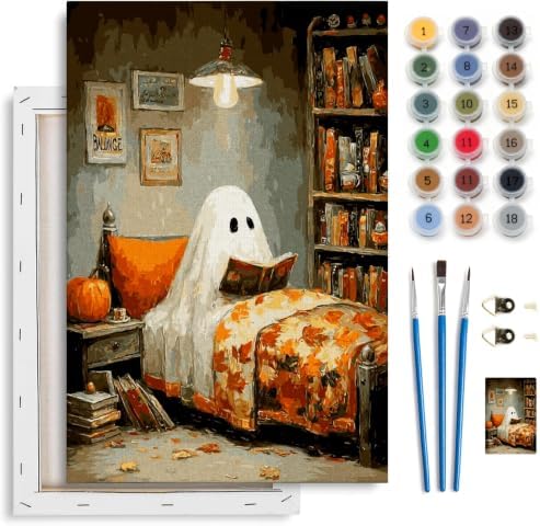 Spandrel Halloween Ghost Framed Paint by Numbers Kit for Adult, Vintage Paint by Number Kits on Canvas Ghost Reading, DIY Acrylic Oil Halloween Painting by Numbers Gifts for Home Wall Decor, 8x12in