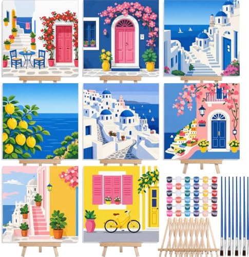 Nezyo 8 Sets 8 x 8 Inch Paint by Numbers Kit for Adult Beginners with Wooden Easels Acrylic Paint by Number Landscape Paintings Kits for DIY Party Home Decor Gift(Town)