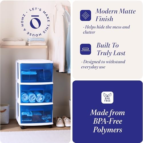 HOMZ Drawer Tower, 3-Tier Storage Cart with Removable Wheels, White Frame