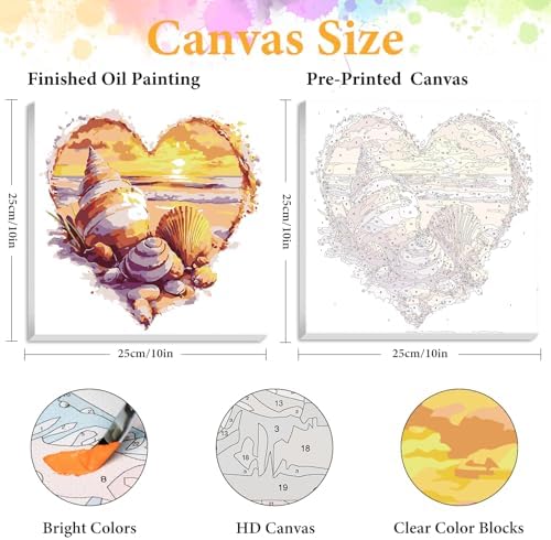 Framed Paint by Numbers Kit for Adults, Heart Seashell Beach Art 10x10 Inch