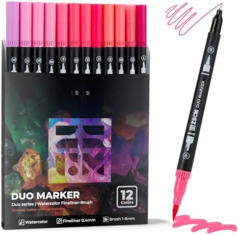 Pink Duo Tip Marker Pens, 12 Fine & Brush Tip Pen For Adult Coloring Books