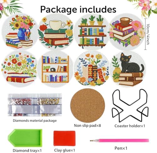 8 Pack Diamond Art Coasters,Bookshelf Diamond Painting Coasters Kits