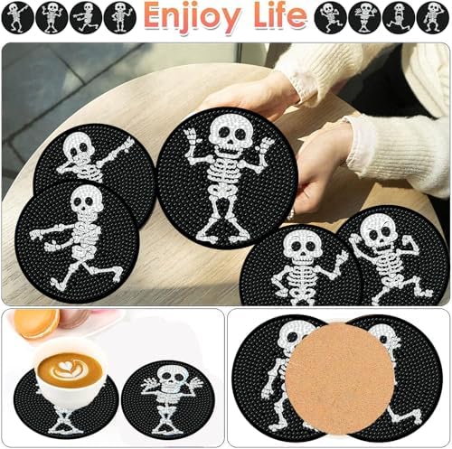 ijbnhd 8 PCS Skull Diamond Art Coasters 4X4inch (Cork Wooden Pad)
